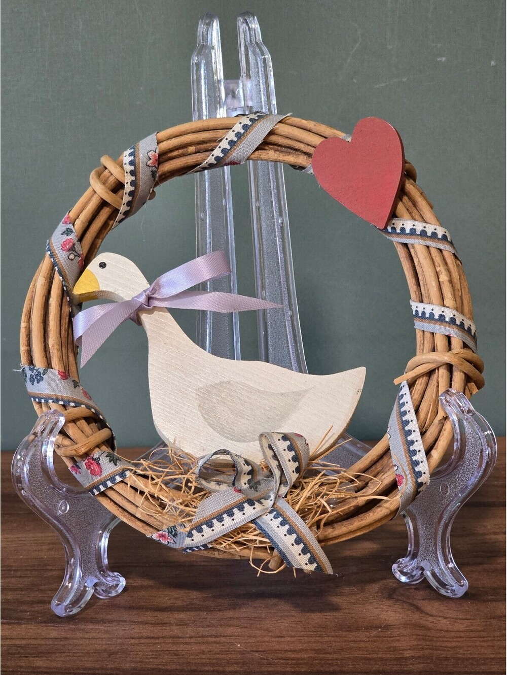 Vintage Country Goose Vine Mini Wreath Wooden Duck Red Heart Decor